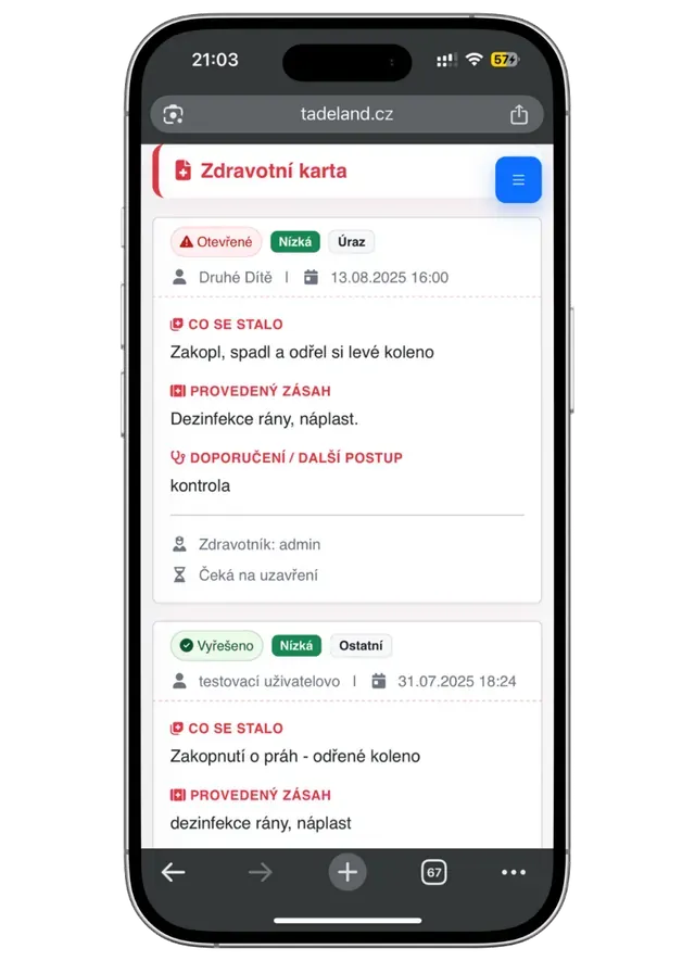 Zdravotní karta — seznam zásahů